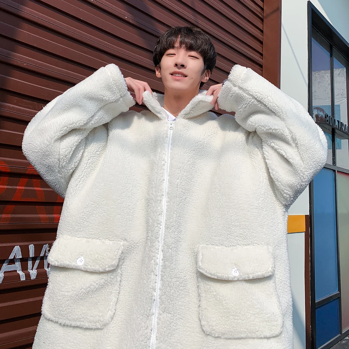 Winter Lamb Fur Jacket Men's Warm Thick Parka Men Fashion Solid Color Casual Coat Man Loose Cotton Jacket Male Clothes Overcoat - Цвет: white