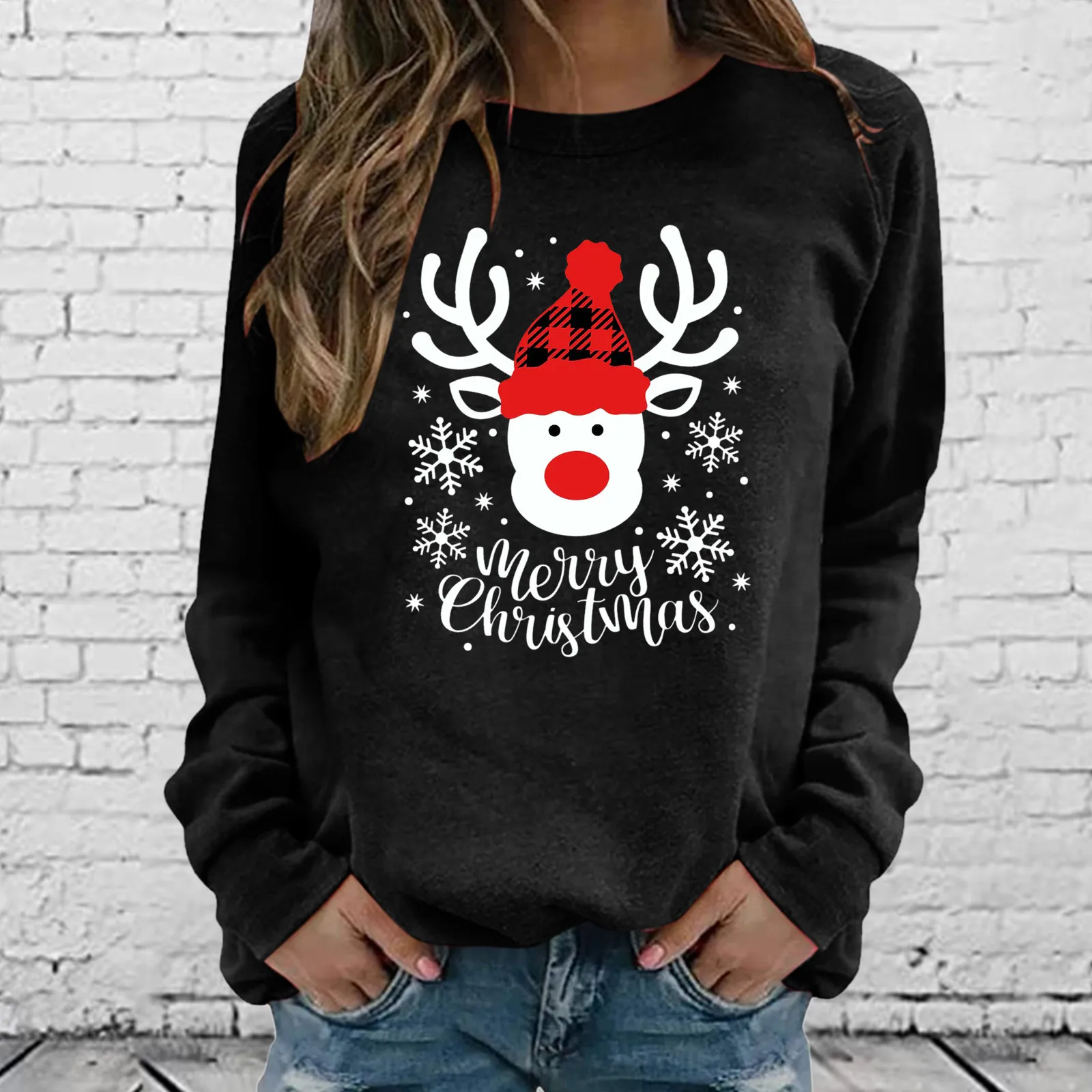 Merry Christmas Fashion Women's Clothing Casual Long Sleeve O-Neck Christmas Deer Print Sweatshirt Harajuku Ladies Pullover Tops 1