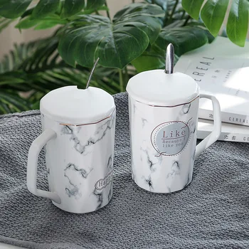 

Nordic Marbling Ceramic Cup Creative Polygon Coffee Mugs with Lid Scoop 400ml Large Capacity Household Milk Juice Drinking Cups
