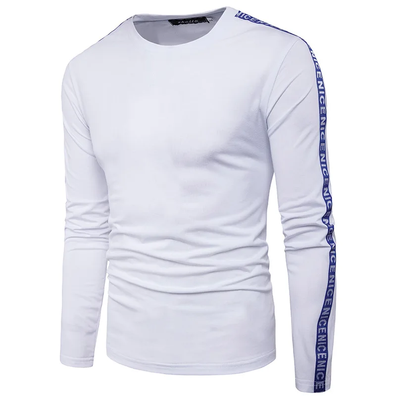 

MEN'S T-shirt Fashion Characteristics Sleeves Printed Letter Webbing Solid Color Large Body MEN'S round Neck Long-sleeved T-shir