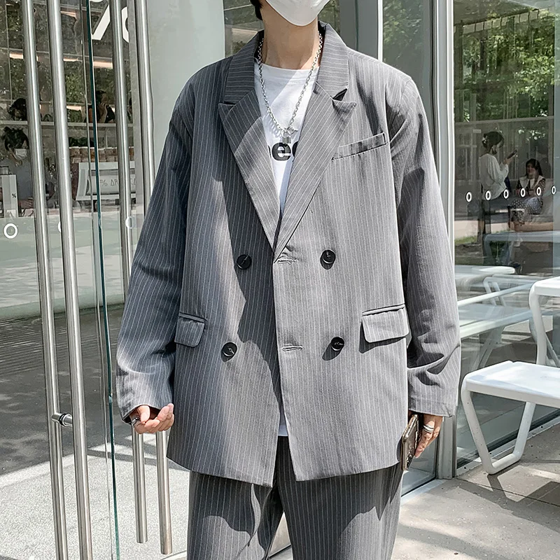 Striped Blazers Men Double Breasted Handsome Males High Quality Trendy Korean Loose Vintage Streetwear Suit's Tops Autumn Coats