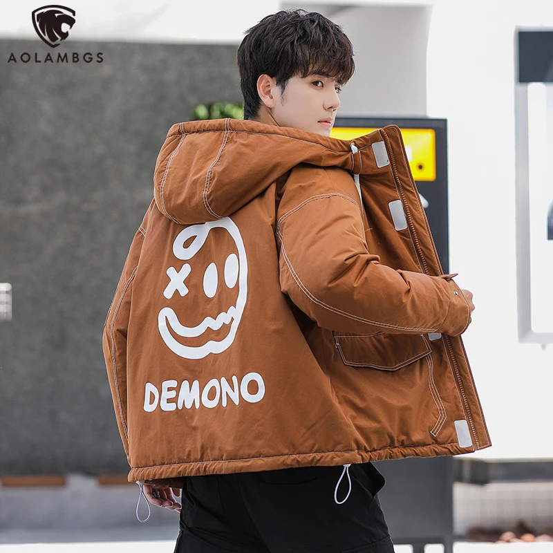 

Aolamegs Winter Jacket Men Plus Velvet Down Parka Warm Windbreak Hooded Jackets Couple High Street Overcoat Devil hommes veste