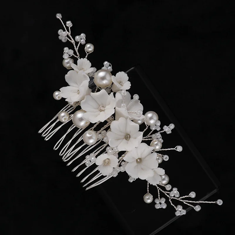Floralbride Handmade Porcelain Flower Pearls Bridal Hair Comb Hair Pins Wedding Headdress Hair Accessories Women Hair Jewelry