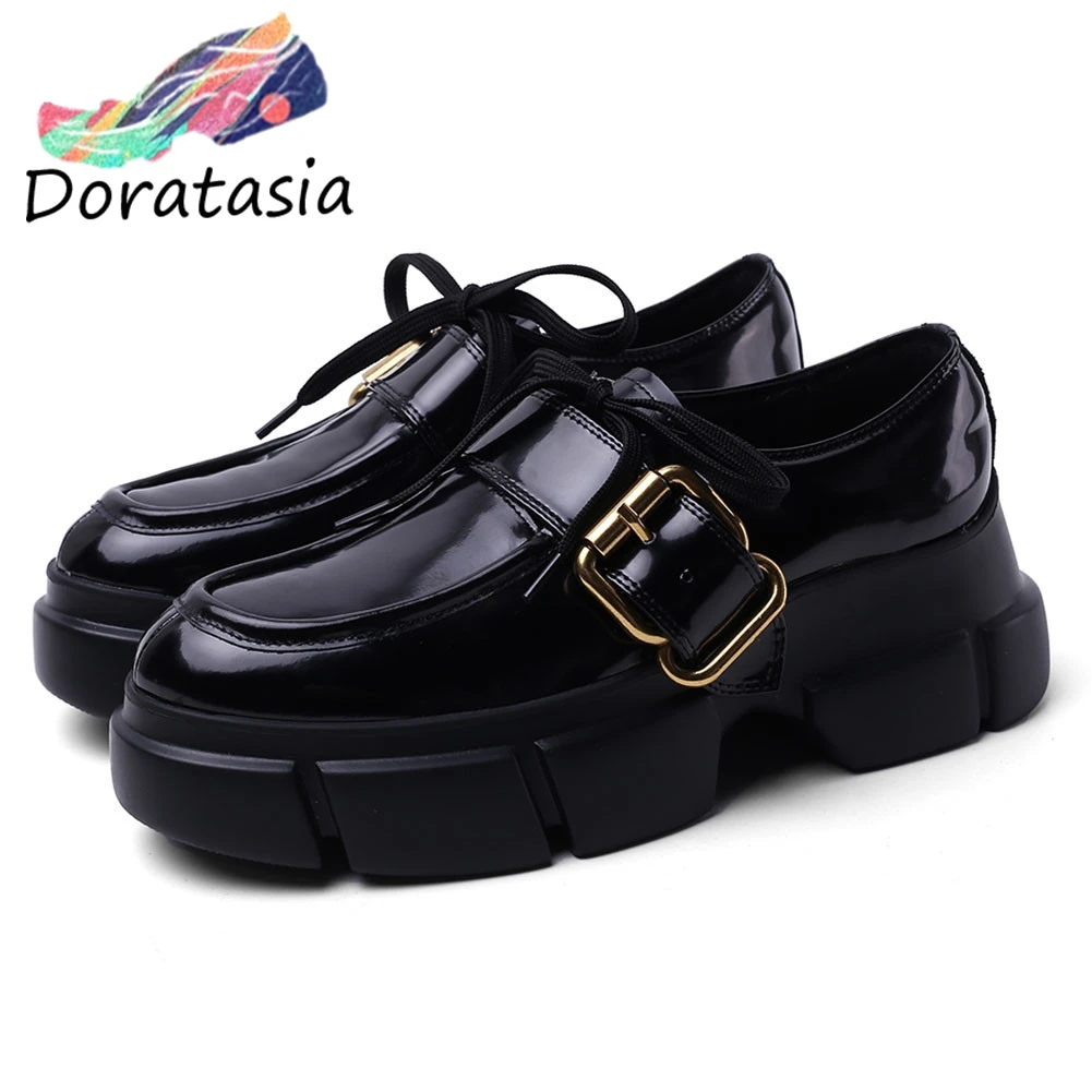 

DORATASIA Cool Girl Round Toe Chunky Heel Buckle Slip On Pumps Spring Pumps Women Genuine Leather Platform Shoes Woman