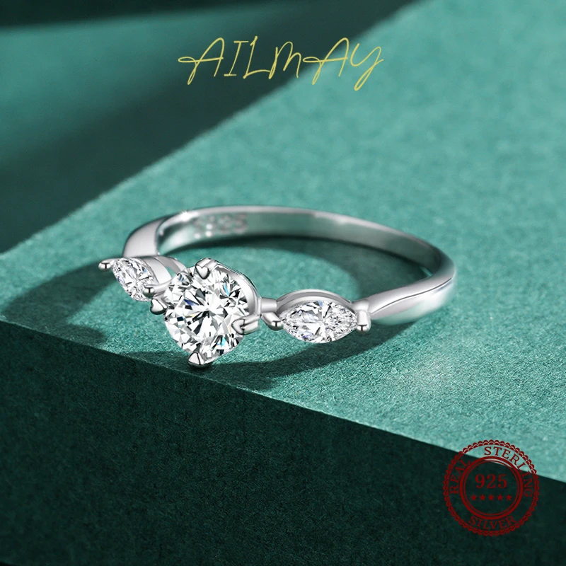 Ailmay 100% 패션 스파클링 1.0ct 지르코니아 손가락 반지 여성을위한 결혼식 성명 파인 실버 주얼리