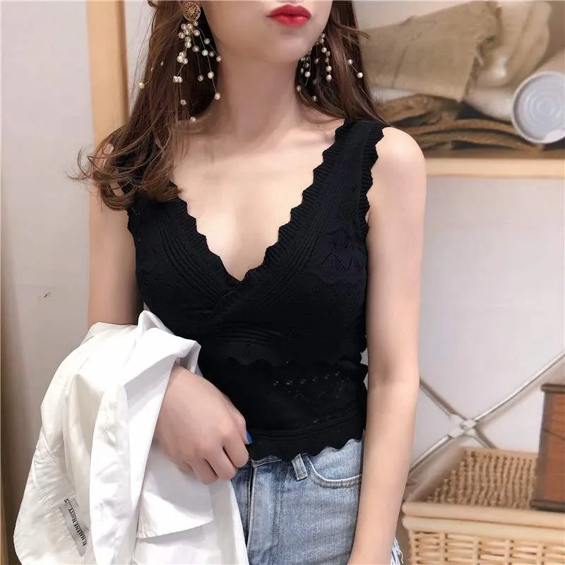 Летний Модный Кружевной укороченный Топ для женщин с вырезами Camisoles женский Одноцветный топ сексуальный глубокий v-образный вырез корсет - Цвет: Черный