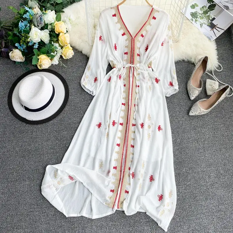 Ethnic Women Boho Beach Dress Long Sleeve V Neck Embroidery Flower High Waist Red Long Holiday Dress