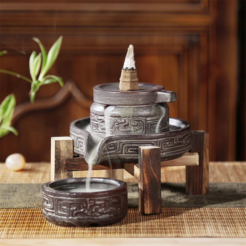 Ceramic Retro Ceramic Backflow Incense Burner Waterfall Censer Incense Holder Aromatherapy Furnace Home Decoration+ 10pcs Cones