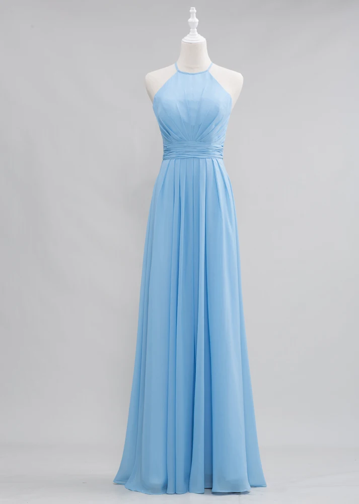 

Real Picture Sky Blue Long Bridesmaid Dresses A line Halter Wedding Guest Party Dress Formal Party Gowns Robe De Soiree