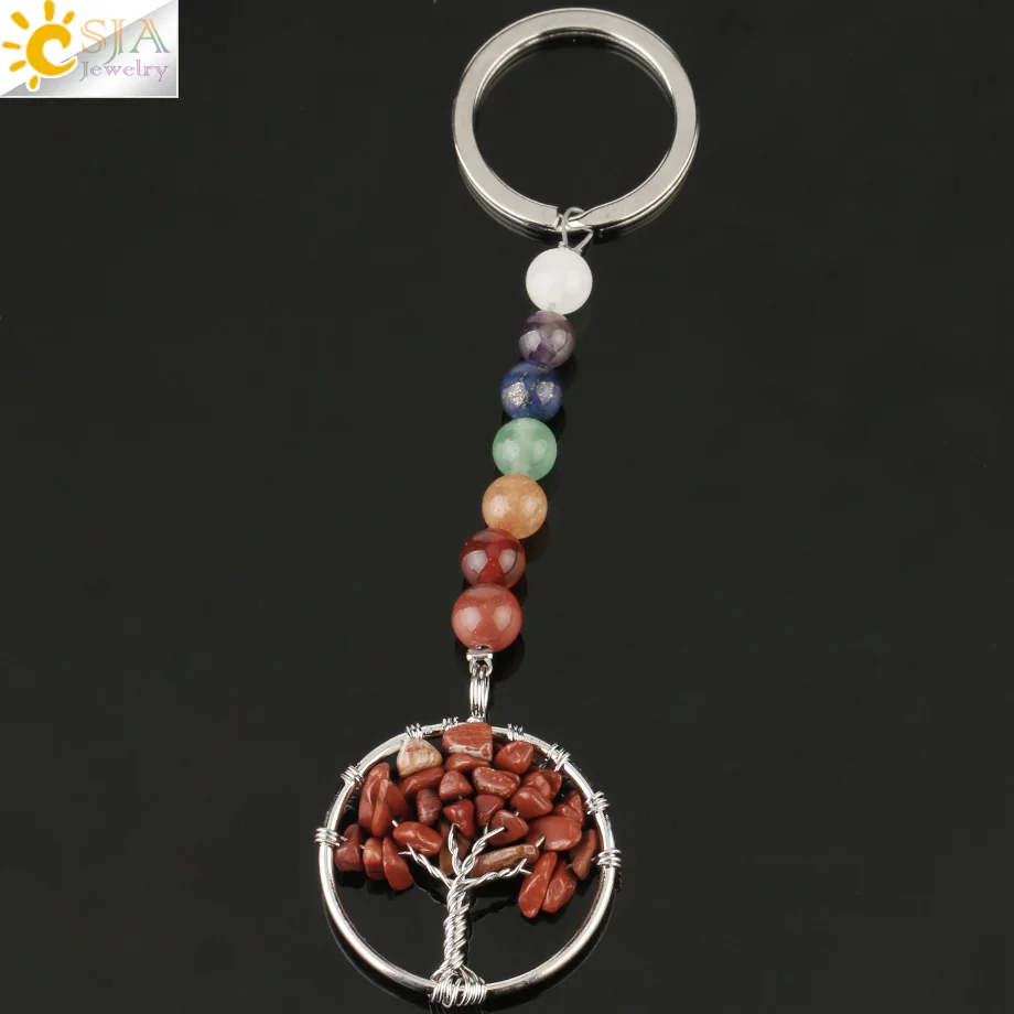 Red Jasper CSJA натуральный камень 7 Чакра брелок энергетическая Йога рейки Древо жизни кулон держатель для ключей для женщин Аксессуары Ювелирные изделия Подарки G312 - Цвет: Red Jasper