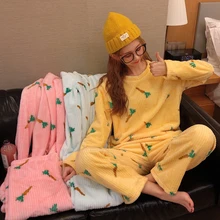 QWEEK Pajamas for Women Kawaii Coral Fleece Pijamas Two Piece Set Winter Carrot Pattern Pyjamas Teen Girls Home Clothes Roomware