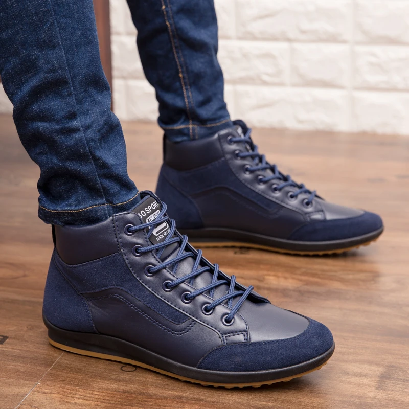 Повседневная мужская обувь из искусственной кожи; мягкая удобная мужская прогулочная обувь на плоской подошве; цвет синий, коричневый; модные мужские кроссовки до лодыжки размера плюс