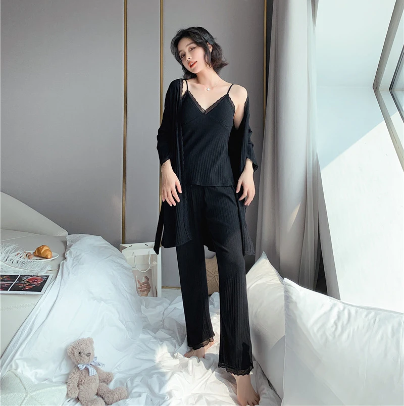 Sexy Female Robe Pajamas 3PC Strap Top Pants Suit Sleepwear Woman Home Wear Nightgown Sets Lady Kimono Bath Gown Nightdress