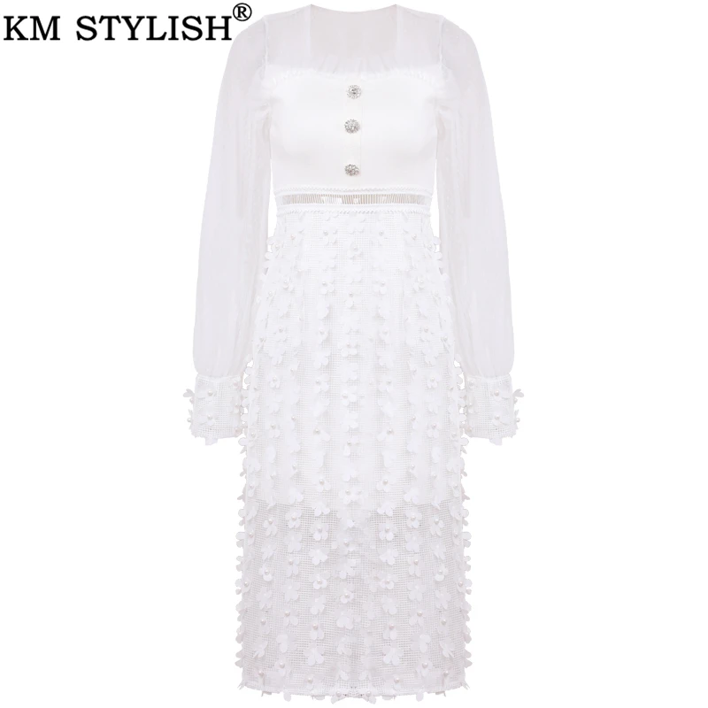 KM STYLISH White Women Party Full Dress Knitted Mesh New Applique Beaded Square Beading Waist Openwork Mid-Calf Split Long Dress