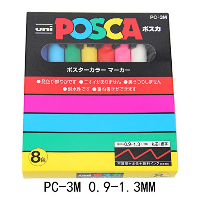 UNI POSCA маркер для белой доски PC-1M PC-3M PC-5M комплект плаката POP реклама ручка Краски Ручка Картина в стиле комикса с круглой головкой воды художественный маркер - Цвет: PC-3M 8 colors