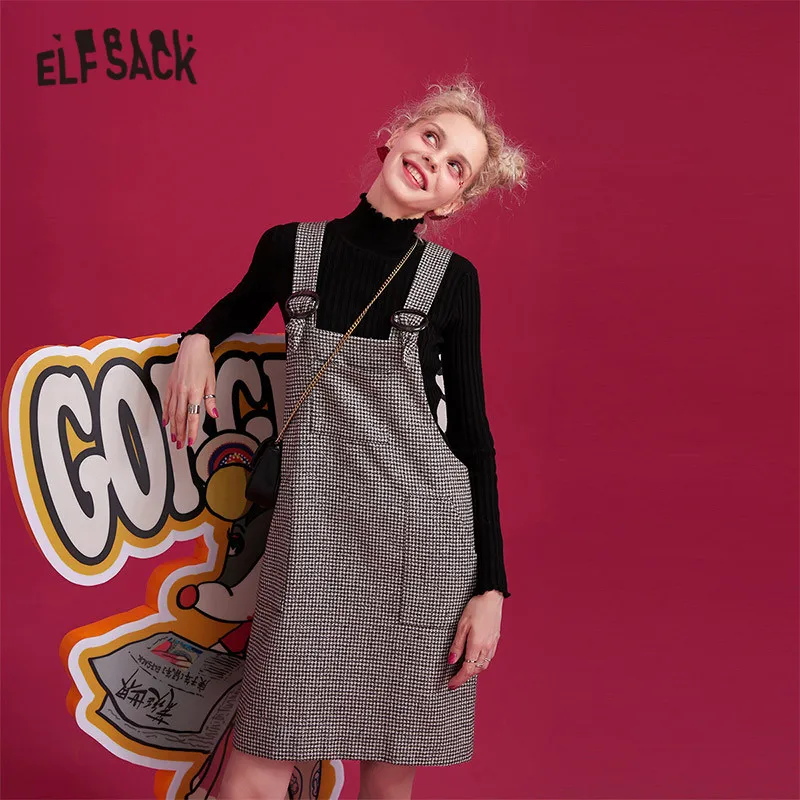 ELFSACK серое клетчатое платье с карманами женское зима 2019 новая мода твид без