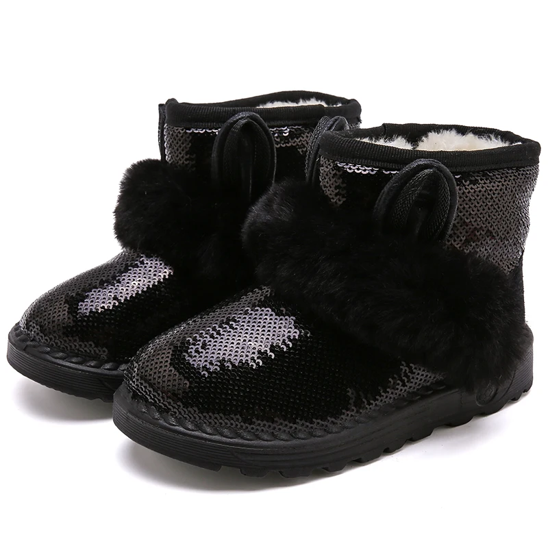 Черный Winter Kids Snow Boots Baby Girls Glitter Ankle Boots Children Warm Shoes Bow Black Brand Boots Fashion Soft Boots Casual Boots - Цвет: Черный