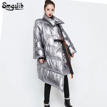 

2019 Winter women's down jacket lrregular silver color zipper duck down casual high street Parkas warm pocket tie up coat