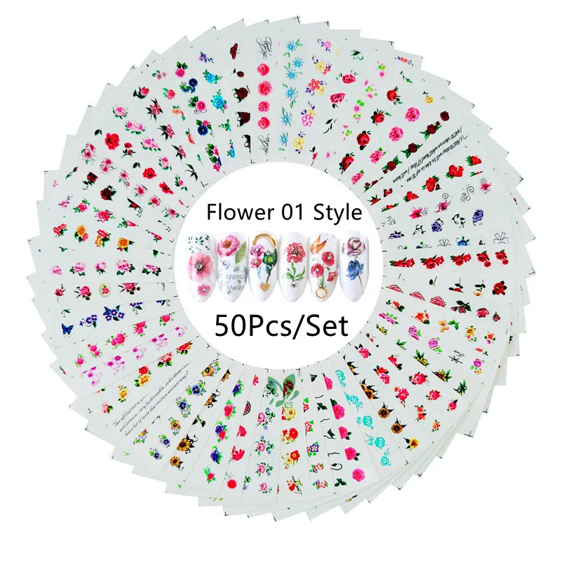 

50 Designs Nail Stickers Set Mixed Floral Nail Art Decoration Accessories Water Transfer Decals Tattoos Manicure