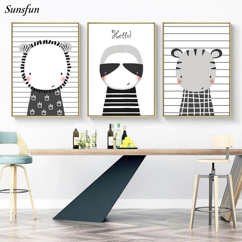 Black White Animals Tiger Crocodile Lion Poster Nordic Print Line Nursery Decoration Painting Children's Room Picture | Дом и сад