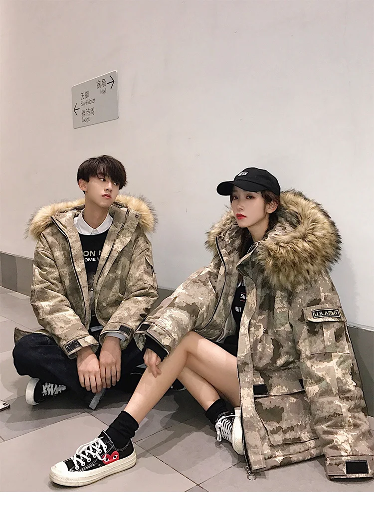 Liketkit мужские новые зимние парки MaleThick длинное камуфляжное пальто с капюшоном мужское шерстяное пальто большого размера с воротником для пар камуфляжная ветровка