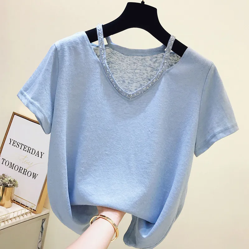 

2019 Korean Style Short-sleeved Hollow Diamond V-neck Summer New Casual White Female T-shirt Loose Bright Silk Pink Tops Women