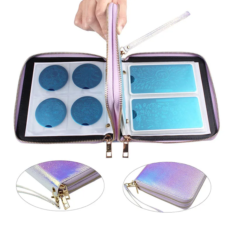 Kaufen Finger Engel 120 Slots Nail art Stempel Platte Stanzen Fall Doppel reißverschluss Laser Silber Nagel Vorlage Organizer Halter Tasche # FJH12