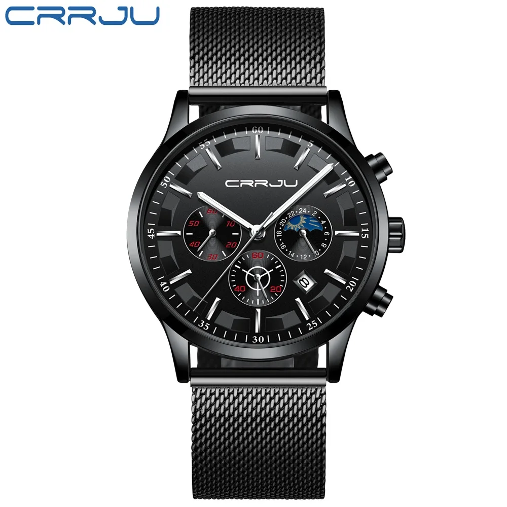 black silver Кварцевые полностью стальные мужские часы, мужские спортивные часы CRRJU, Лидирующий бренд, Роскошные, военные, для кемпинга, водонепроницаемые, с хронографом, Relogio Masculino - Цвет: black silver