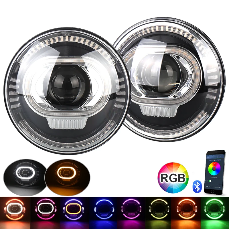 For Jeep Wrangler JK 7inch RGB LED Headlights with Amber Turn Signal Bluetooth control Lights Controlled Halo Ring . | Автомобили и