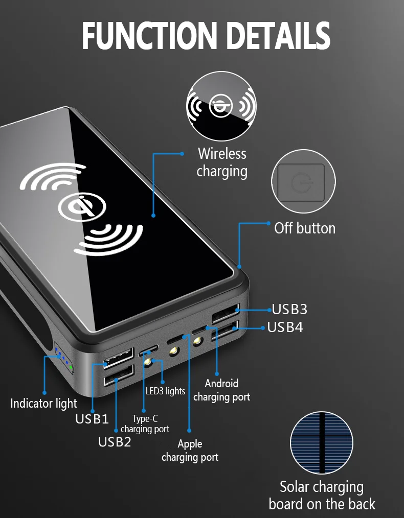 50000mAh Wireless Solar Power Bank External Battery Portable Powerbank 2USB Fast Charging for iPad iPhone Samsung Huawei
