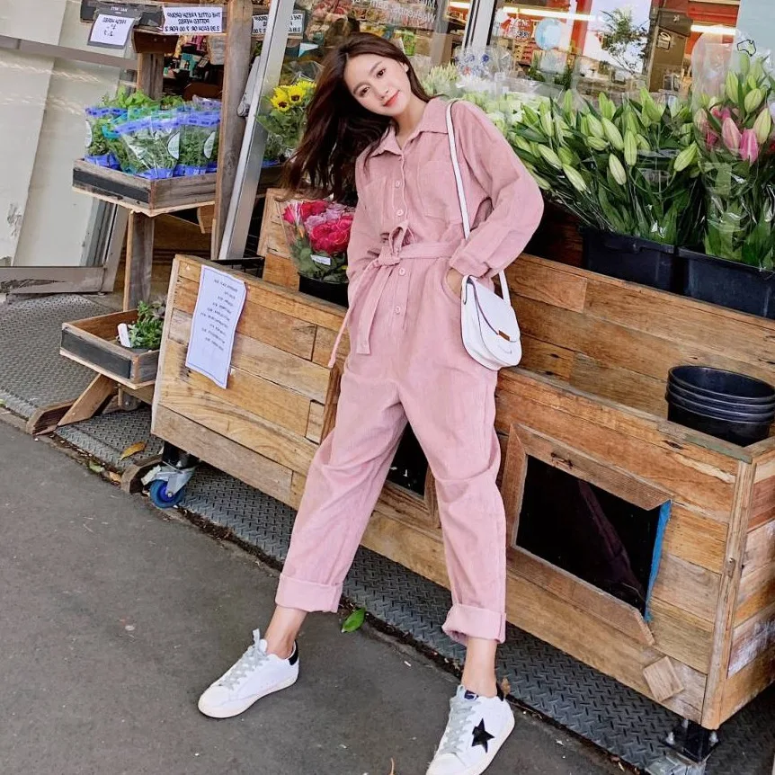 

Photo Shoot Korean-style Ulzzang Pink Lapel Loose-Fit Casual BF Onesie Women's Waist Hugging Lace-up Straight-Cut Loose Pants