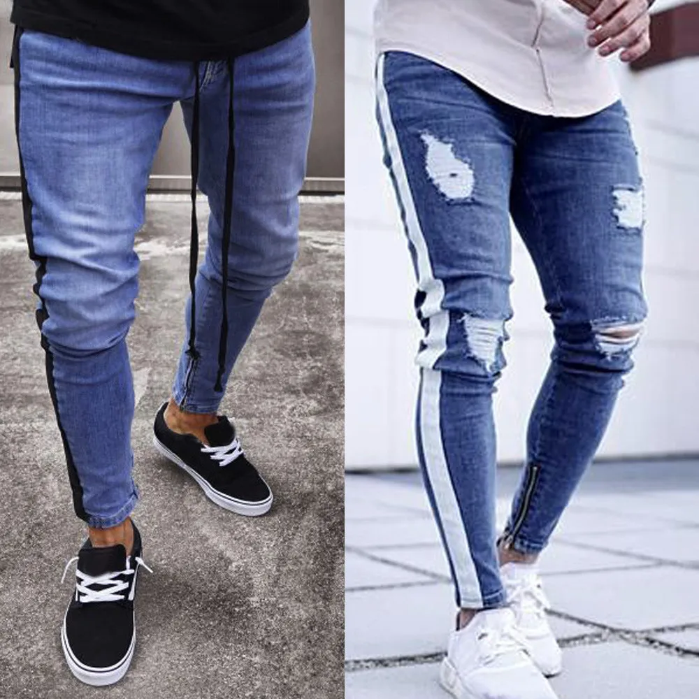 Men's pants Mens Stretch Denim Pants Distressed Ripped Freyed Slim Fit Zipper Jeans Trousers Drop Shipping