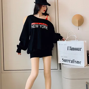 

Ladies Crop Fluffy Sweatshirt Women Off Shoulder Strap Top Long Sleeves Skew Collar Letter Print new york Clothes Black Red