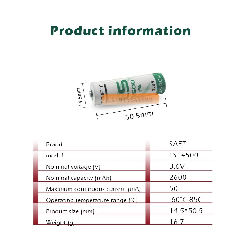 Литиевая батарея SAFT LS14500 ER14505 AA 3 6 В 2450 мА · ч для оборудования запасной основной