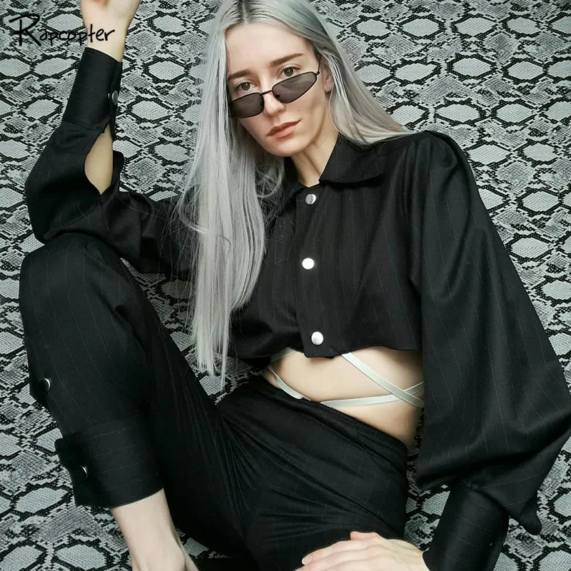 

Rapcopter Zip-up in Front Punk Women Jackets Long Sleeve Striped Autumn Short Jacket Turn-down Collar Streetwaer Ladies Jacket