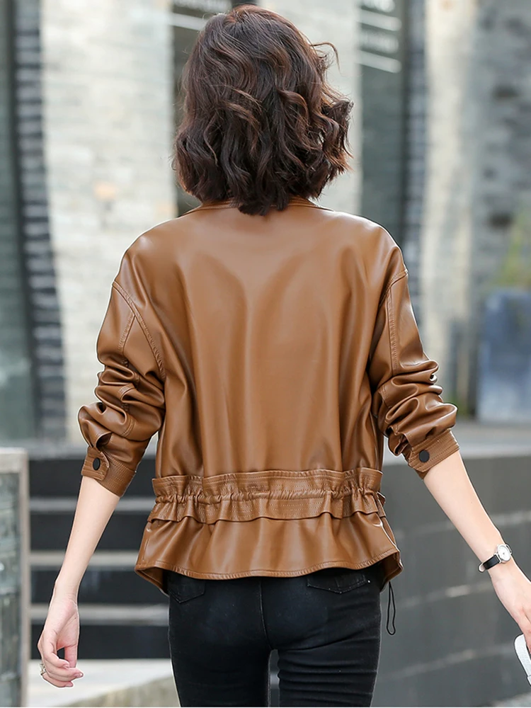 New Women Biker Leather Jacket Spring Autumn 2024 Fashion Design O-Neck Solid Color Zipper All-match Loose Short Sheepskin Coat
