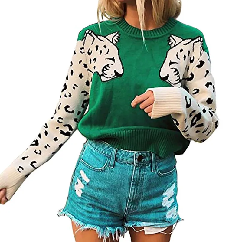 

Autumn And Winter Women's Hoodies Printed Pullover Leopard Print Long-Sleeved Round Neck Short Loose Sweater Top