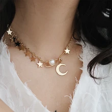 Корейская эффектная Золотая подвеска Звезда Луна колье жемчужное ожерелье с подвеской для женщин модные ювелирные изделия Подарочная бижутерия Collares De Moda