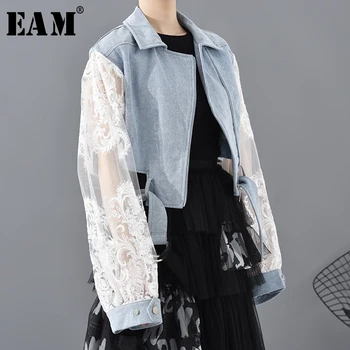 

[EAM] Loose Fit Blue Lace Denim temperament Short Jacket New Lapel Long Sleeve Women Coat Fashion Tide Spring 2020 1D63805