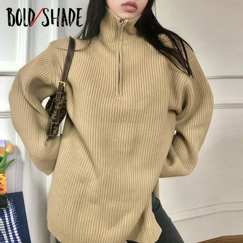 

Bold Shade Knitting Long Sleeve Indie Outfits Women Sweaters Long Sleeve Autumn Winter Warm Pullovers Fashion 90s Zipper Jumper