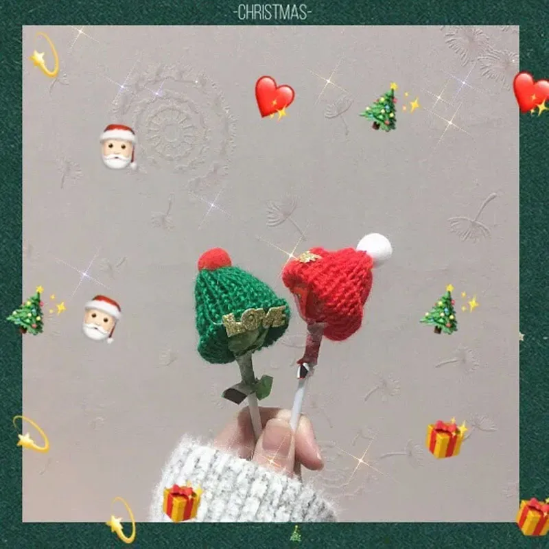 10pcs Small Christmas Hat Cute Knitting Mini Hats DIY Handmade Accessories Santa Claus Brooch Decor for Party Xmas Finger Caps