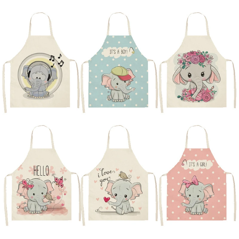 Kawaii Printed Elephant Car Sleeveless Aprons Kitchen Women Cotton Linen Pinafore Home Cooking Baking Waist Bib 53*65cm WQL0161