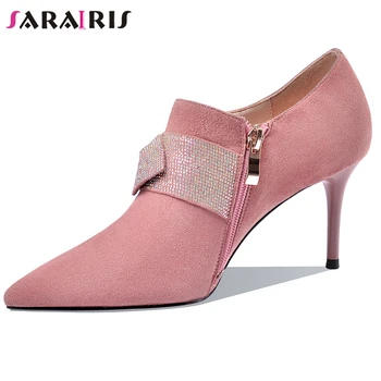 

SARAIRIS New Female Pointed Toe Genuine Leather Suede Pumps High Heels Pumps Women Office Fashion Butterfly Knot Shoes Woman