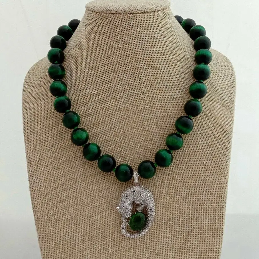 

18" Round Green Tigers Eye Necklace CZ Pendant