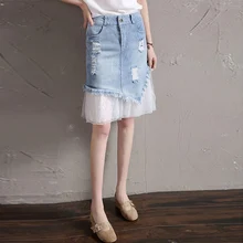 Повседневная Асимметричная джинсовая юбка с высокой талией, светильник, женские рваные кружевные сексуальные мини-юбки, Женская мини-юбка, Saia Mujer, летняя одежда
