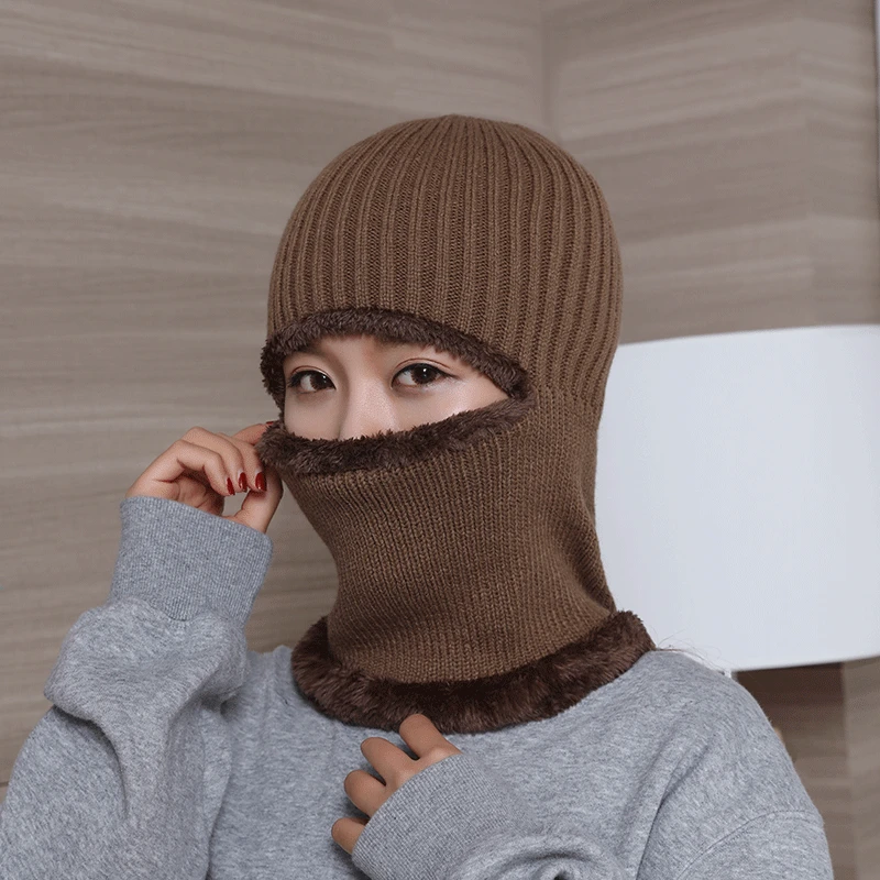 Autumn and Winter Knitted Wool Beanie Solid Masked Couple Hat Plus Velvet Thickening Unisex Earmuffs Scarf Hats Warm Winter Cap