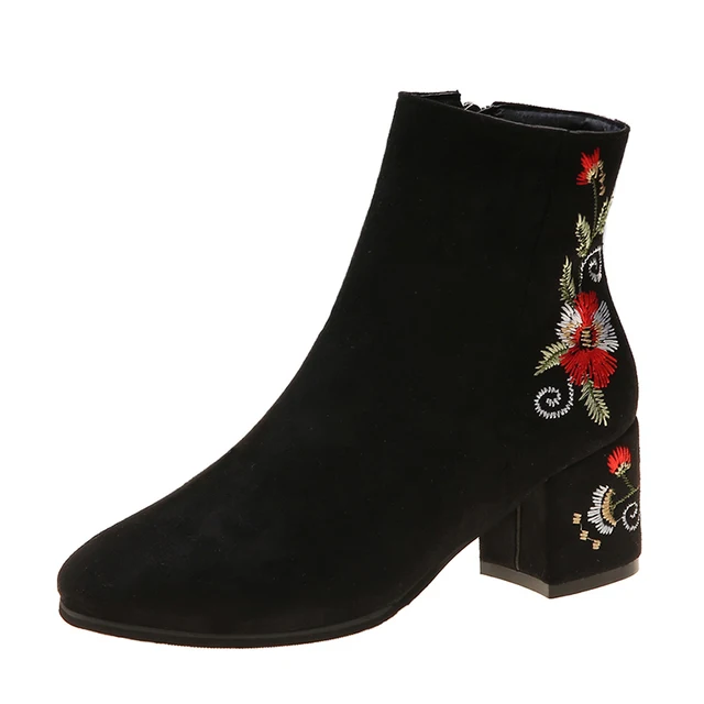 Botas negras de gamuza bordadas con flores botas de tacón alto grueso para  mujer botas cortas de invierno|Botas hasta el tobillo| - AliExpress