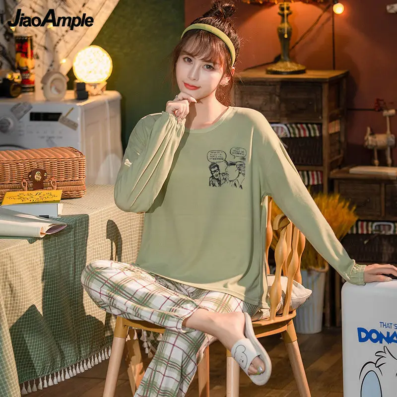 Pajamas Women Cartoon Sleepwear 2022 Spring Autumn New Long-sleeved Trousers Pijamas Two-piece Cute Pijamas Home Clothes Suit