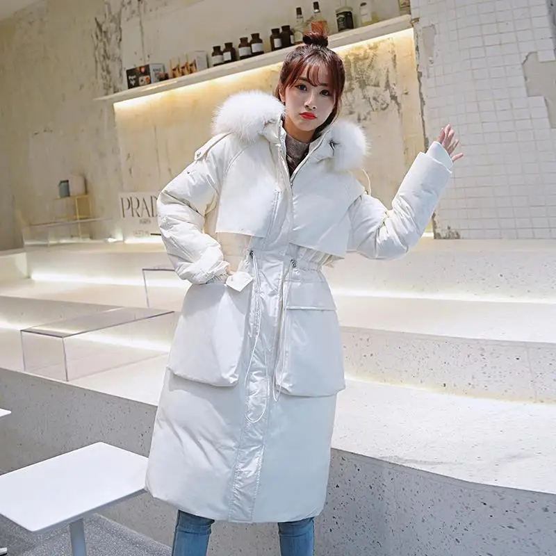 Heydress женское однотонное теплое пуховое пальто с воротником из меха енота элегантная Длинная Верхняя одежда женское белое пуховое пальто