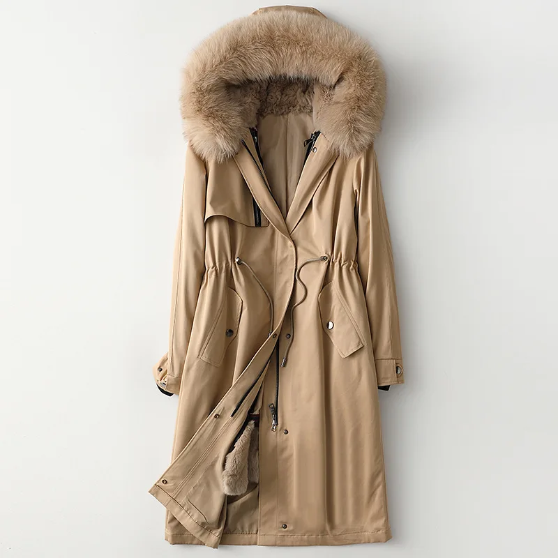 Khaki Женская модная парка, зимняя верхняя одежда, воротник из лисьего меха, плотное пальто, женский длинный пуховик с подкладкой из кроличьего меха, 7 цветов - Цвет: Khaki